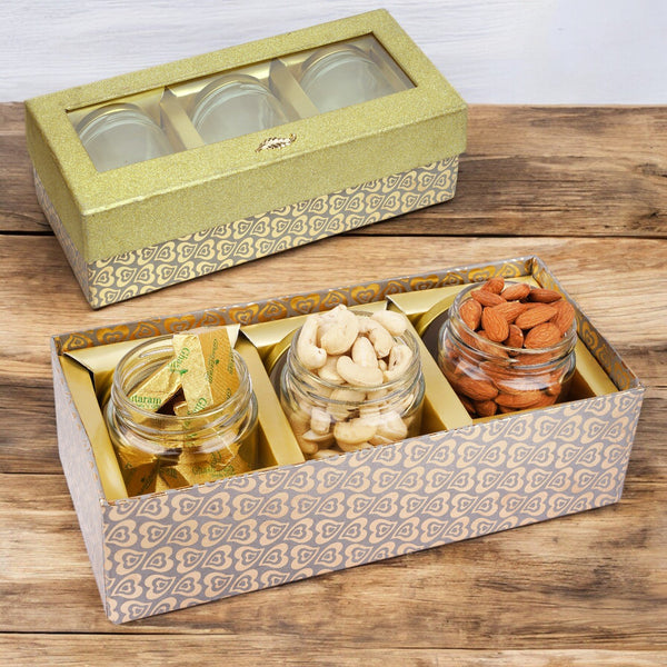 Bhaidhooj Gifts-Golden box with 3 Jars of Cashews, Almonds and  Mewa Bites