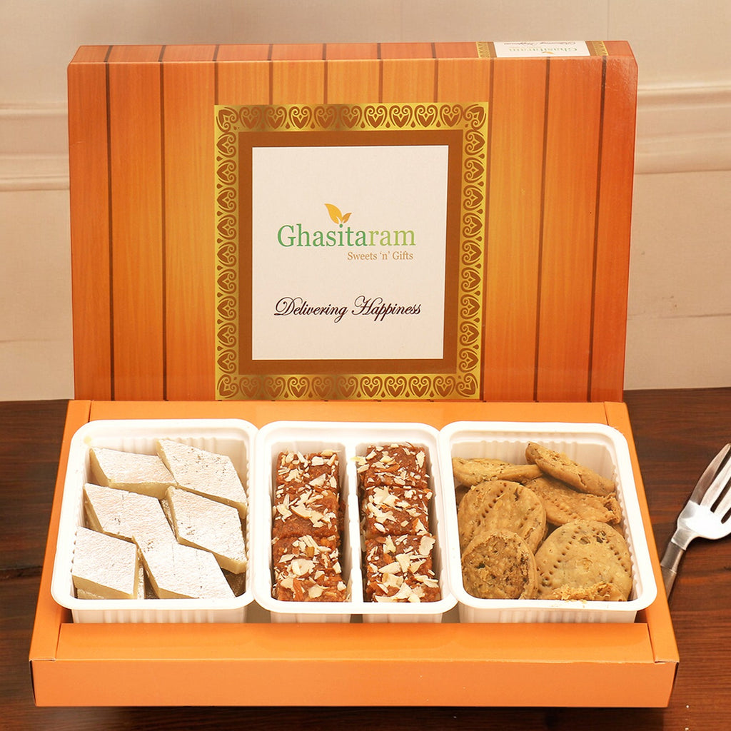 Corporate Gifts-Assorted Box of Kaju Katli, Dodha Barfi and Methi Mathi