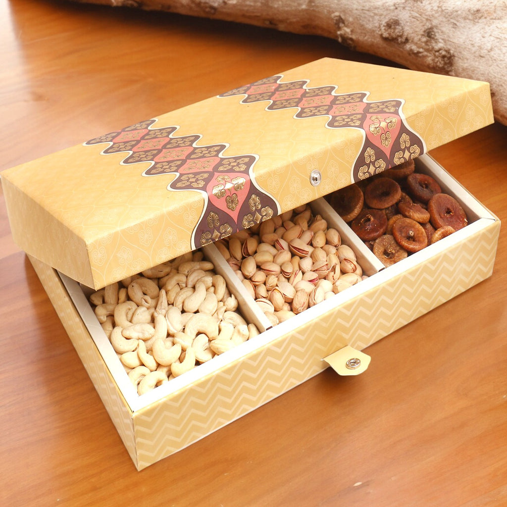 Corporate Gifts-Gold 6 Part Print Dryfruit Box 900 gms