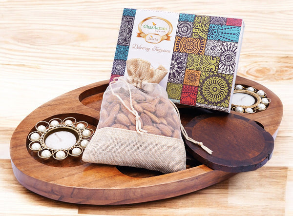 Mothers Day Gift-Chip n Dip Wooden Platter with T-lites, Coasters, Almonds Pouch And Kaju Katli