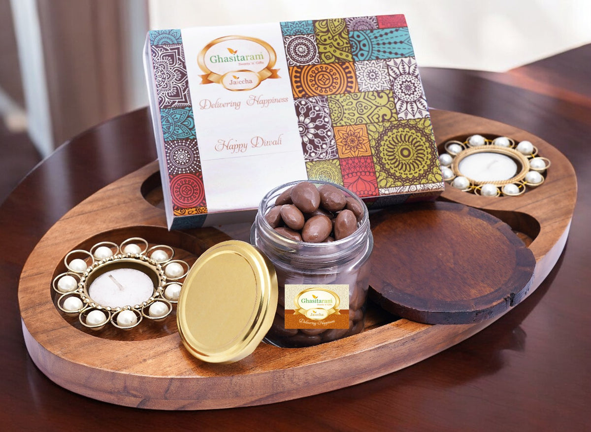 Chip n Dip Wooden Platter with T-lites, Coasters, Almonds Pouch And Kaju Katli
