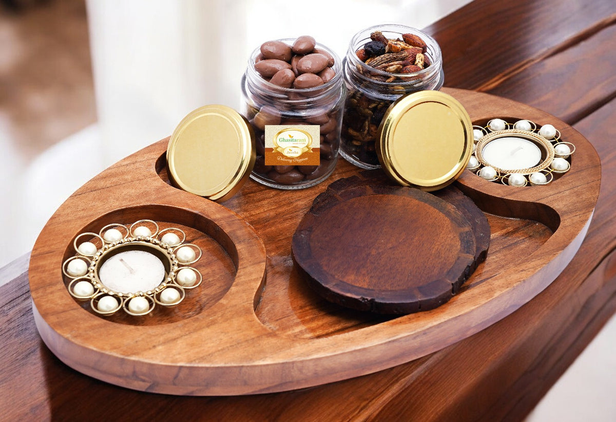 Corporate Gifts-Chip n Dip Wooden Tray with T-lites, Coasters, Chocolate Caoted Almonds and Miixes Dryfruit Jars