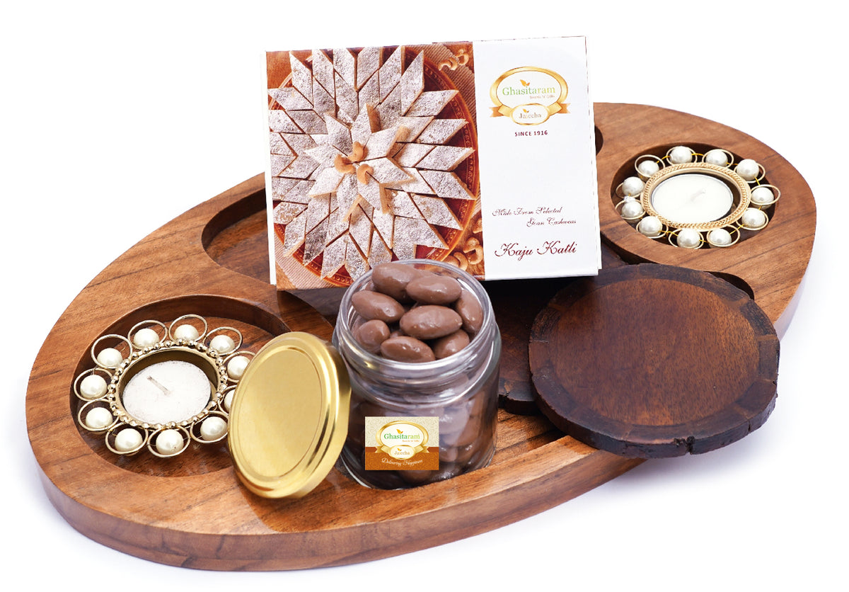 Corporate Gifts-Chip n Dip Wooden Tray with T-lites, Coasters, Chocolate Almonds Jar and Kaju Katli Box