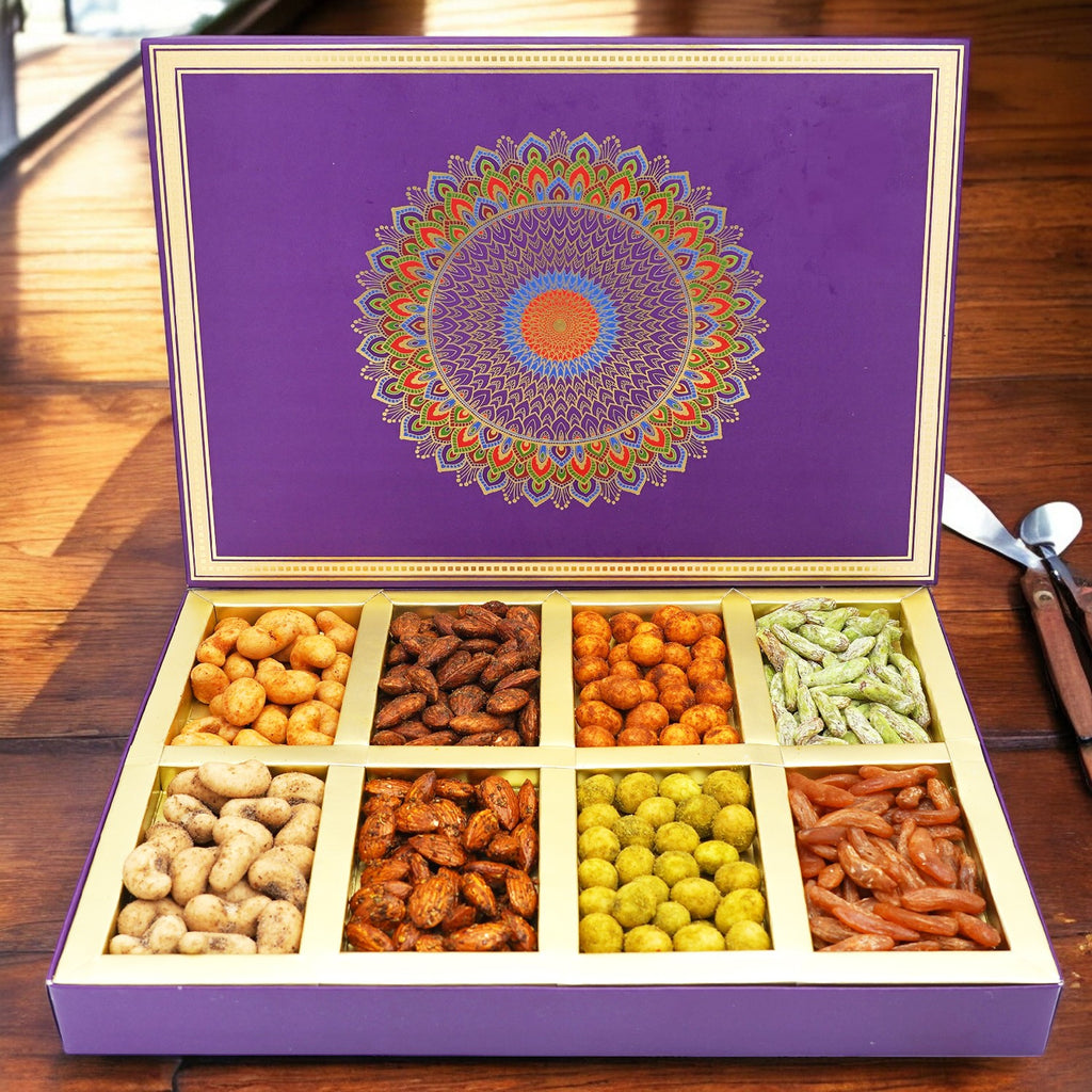 Corporate Gifts-Fusion 8 Parti Box of Crunchy Cashews, Crunchy Peanuts, Flavoured Raisins and Flavoured Almonds