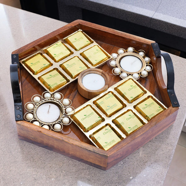 Corporate Gifts-Hexagon Tray with 12 Mixed Nuts Chocolates and 3 T-lites
