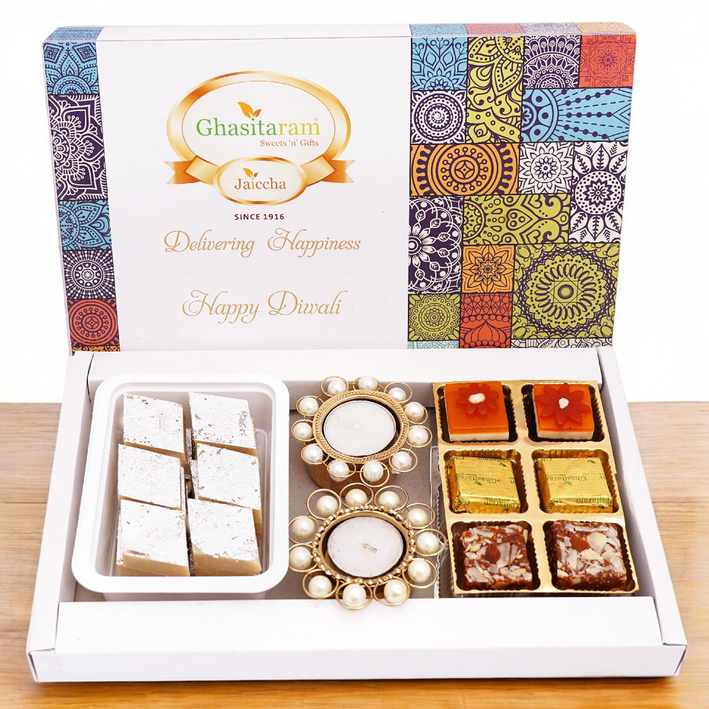 Corporate Gifts-Assorted Festive Box of Kaju Katli, Assorted Bites and T-Lites