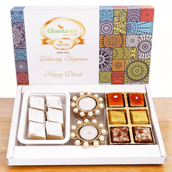 Mother's Day Gift-Assorted Festive Box of Kaju Katli, Assorted Bites and T-Lites