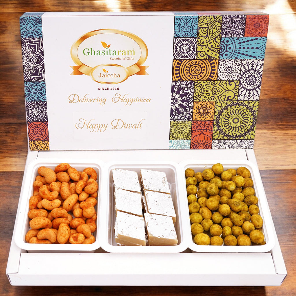 Assorted Festive Box of Kaju Katli, Crunchy Cashews, Crunchy Peanuts