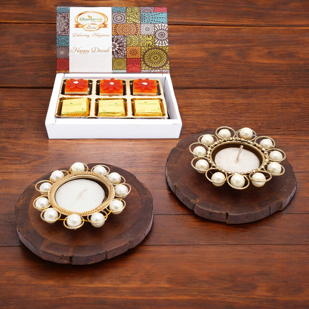 4 Coasters and T-Lites with Happy Diwali Assorted Bites Box 6 Pcs