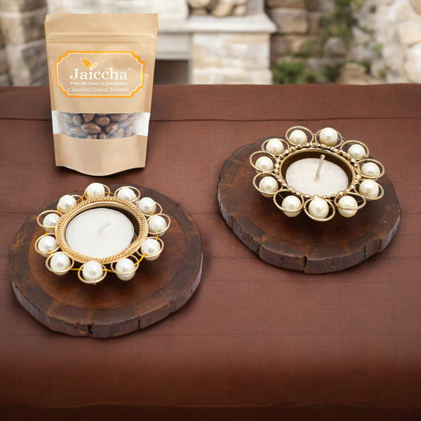 Diwali gift hampers-Coasters and T-Lites with Chocolate Coated Almonds