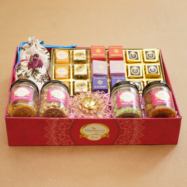 Corporate Gifts-Big Pink tray of best bites, jute pouches of mewa bites and anjeer bites, 2 jars of dryfruits, 2 jars of namkeen and diya