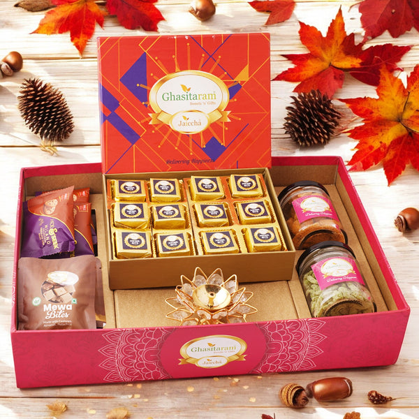 Corporate Gifts-Big Hamper tray with mewa bites, diya, and crunchy cashew, paan raisins, mewa bites and cookies
