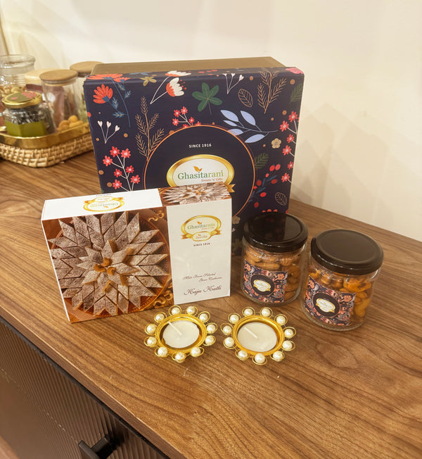 Corporate Gifts-Ghasitaram Hamper Box of Kaju Katli, 2 jars of mixed dryfruits, paan raisins and t-lights