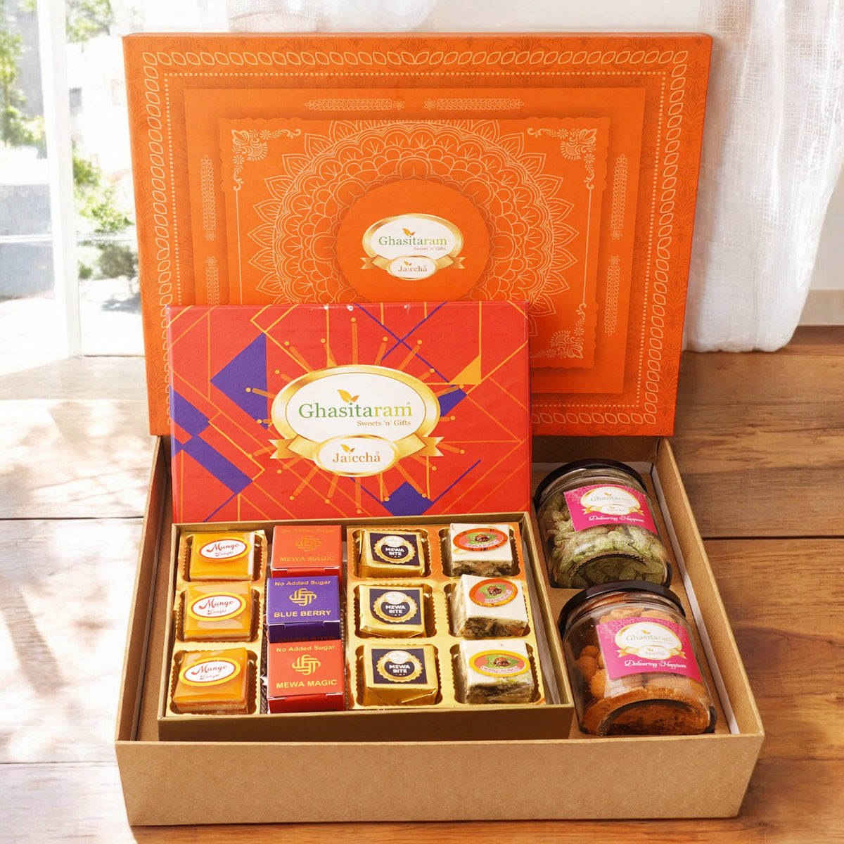 Corporate Gifts-Orange Hamper Box with best bites,Crunchy Cashew and Paan Raisins Jars