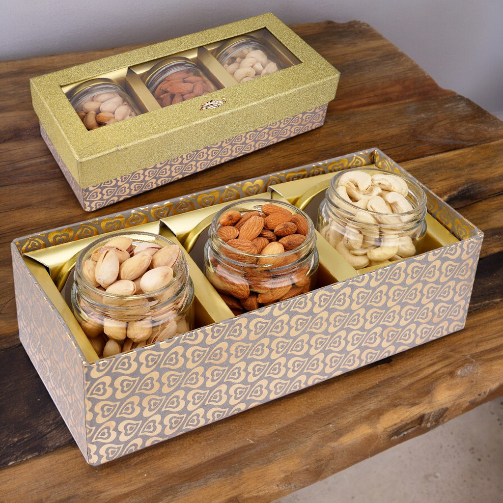 Bhaidhooj Gifts-Golden box with 3 Jars of Cashews, Almonds and Pistachios