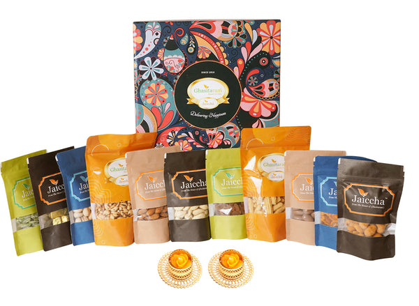 Corporate Gifts-Ghasitaram Big Hamper box of 11 pouches with 2 T-lights