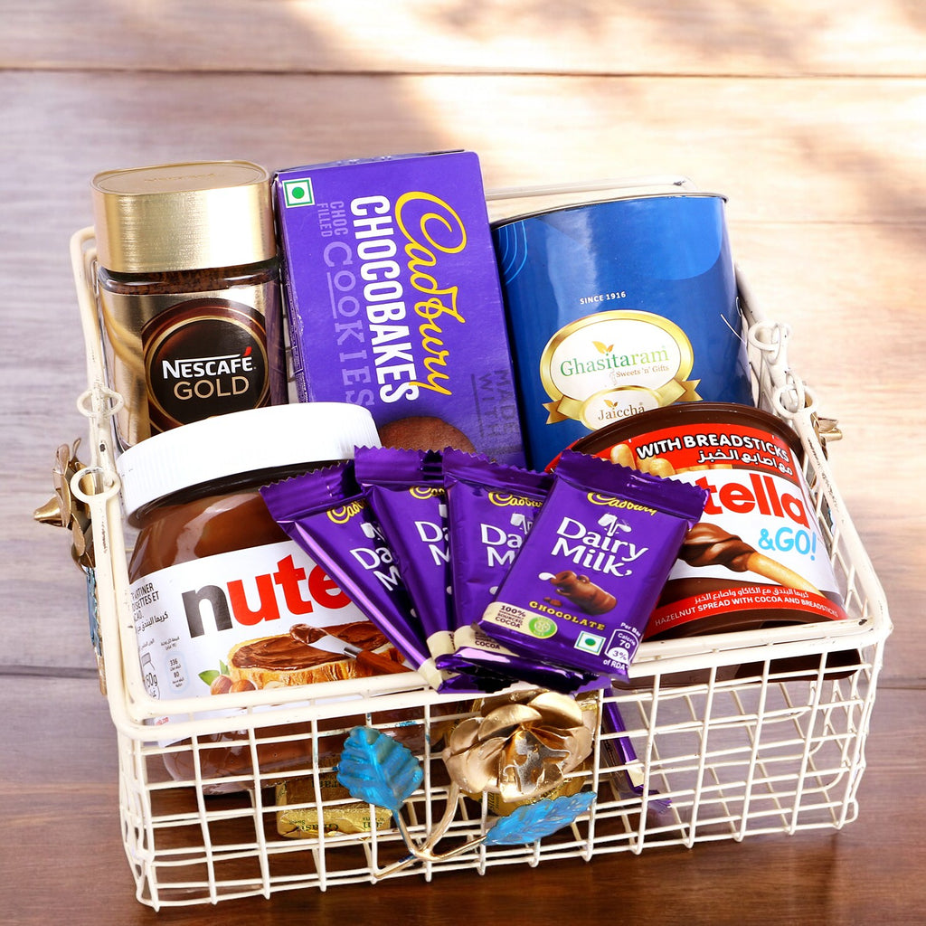 Corporate Gifts-White Metal basket of Assortments with Bites Can 