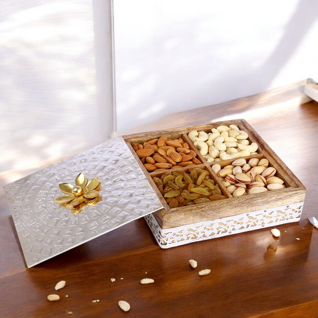 Corporate Gifts-Wooden Metal Box of 4 Dryfruits