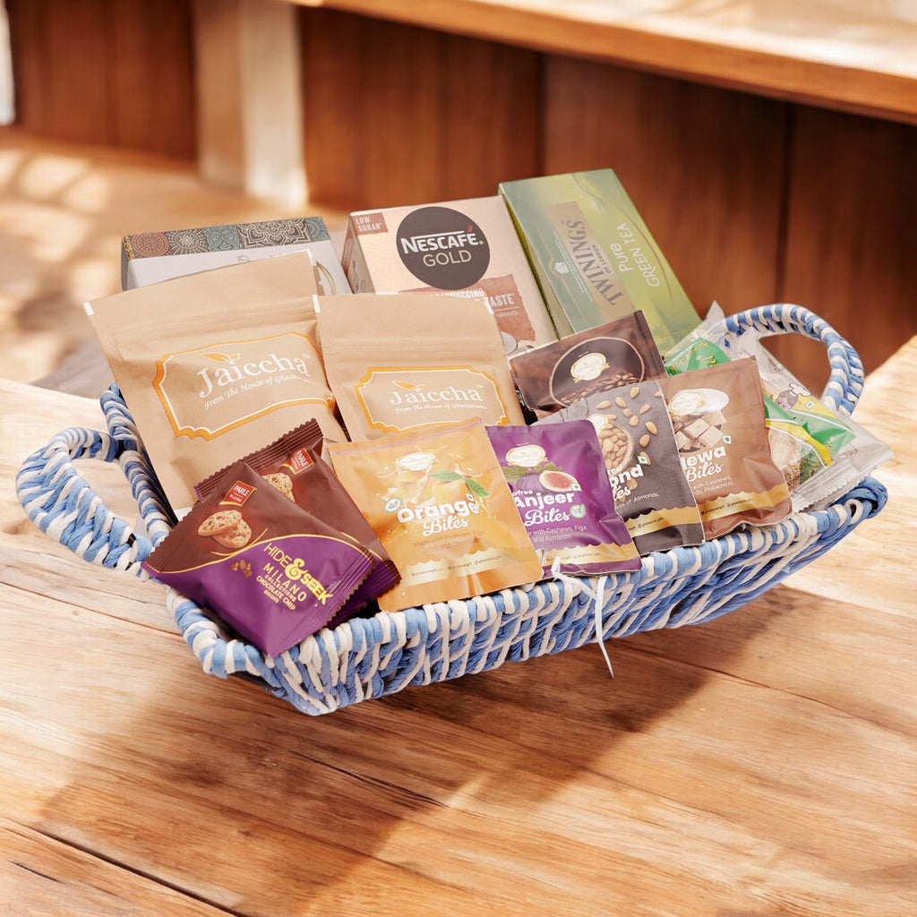 Blue Recatangle Jute Basket of 20 Goodies with Milk cake