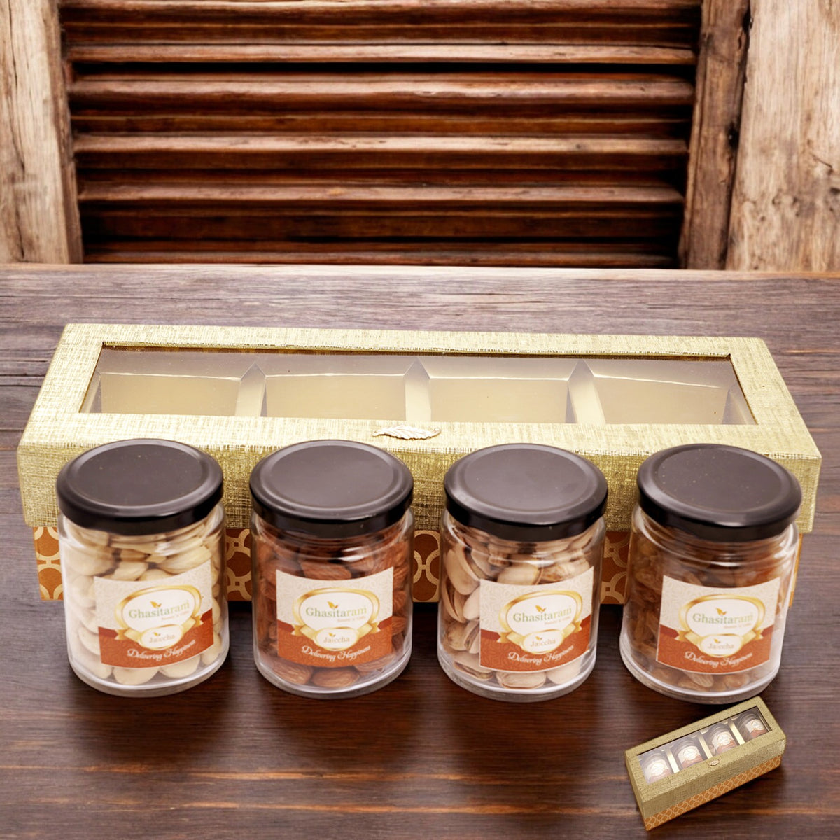 Unique Diwali gifts-Golden Box of 4 Jars with dryfruits