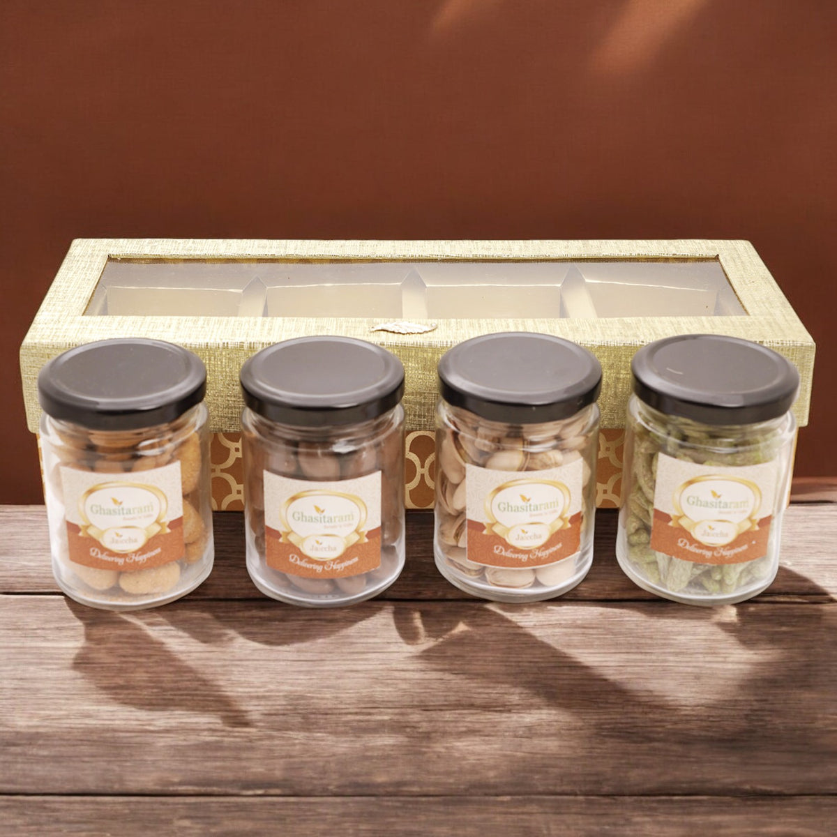 Corporate Gifts-Golden Box of 4 Jars with assorted dryfruits