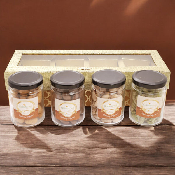 Corporate Gifts-Golden Box of 4 Jars with assorted dryfruits