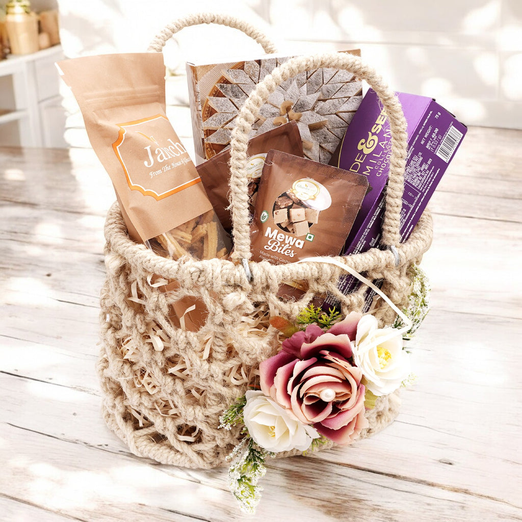 Corporate Gifts-Jute Flower Basket with Kaju Katli