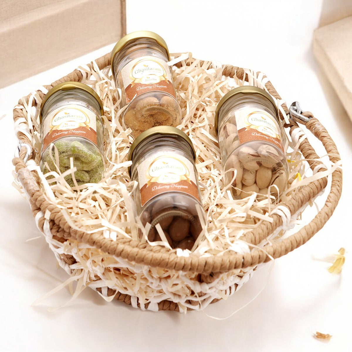 Diwali gift hampers-Diwali Gifts-Jute Hexagon Basket with bites and kaju Katli