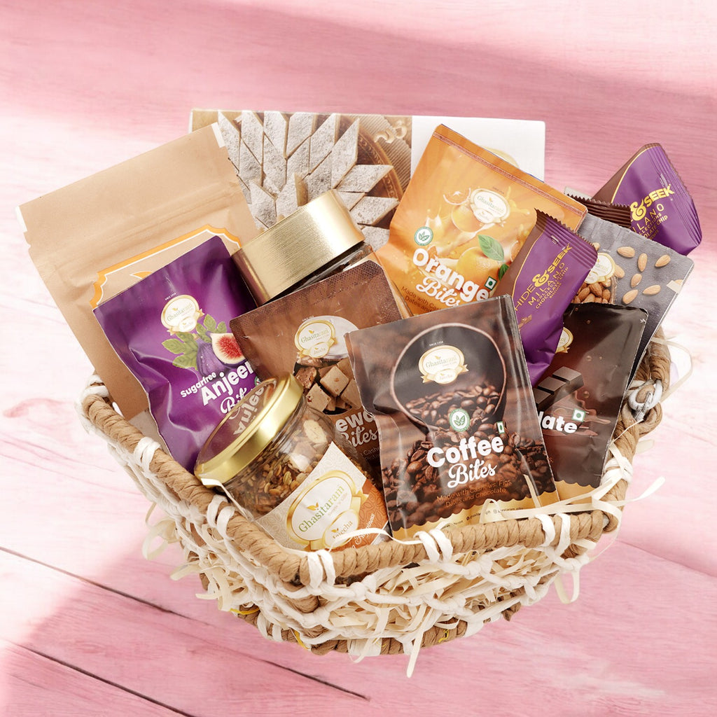 Corporate Gifts-Jute Hexagon Basket with bites and kaju Katli