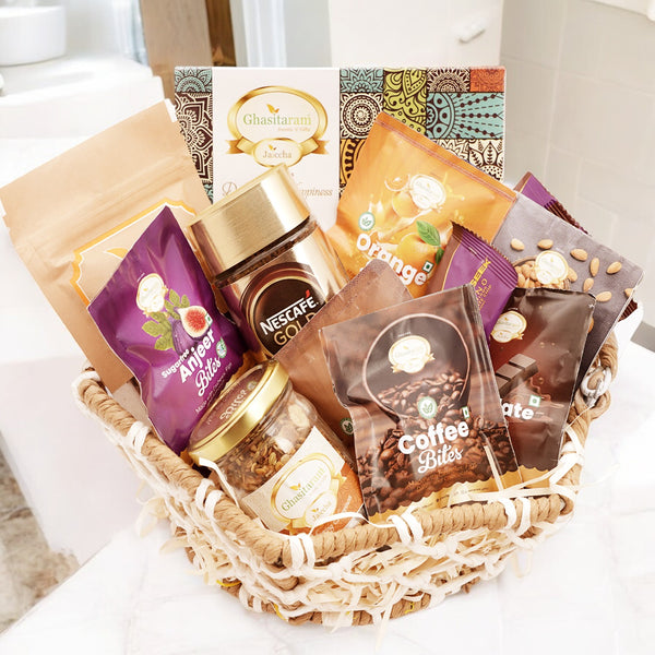 Diwali gift hampers-Diwali Gifts-Jute Hexagon Basket with bites and kaju Katli