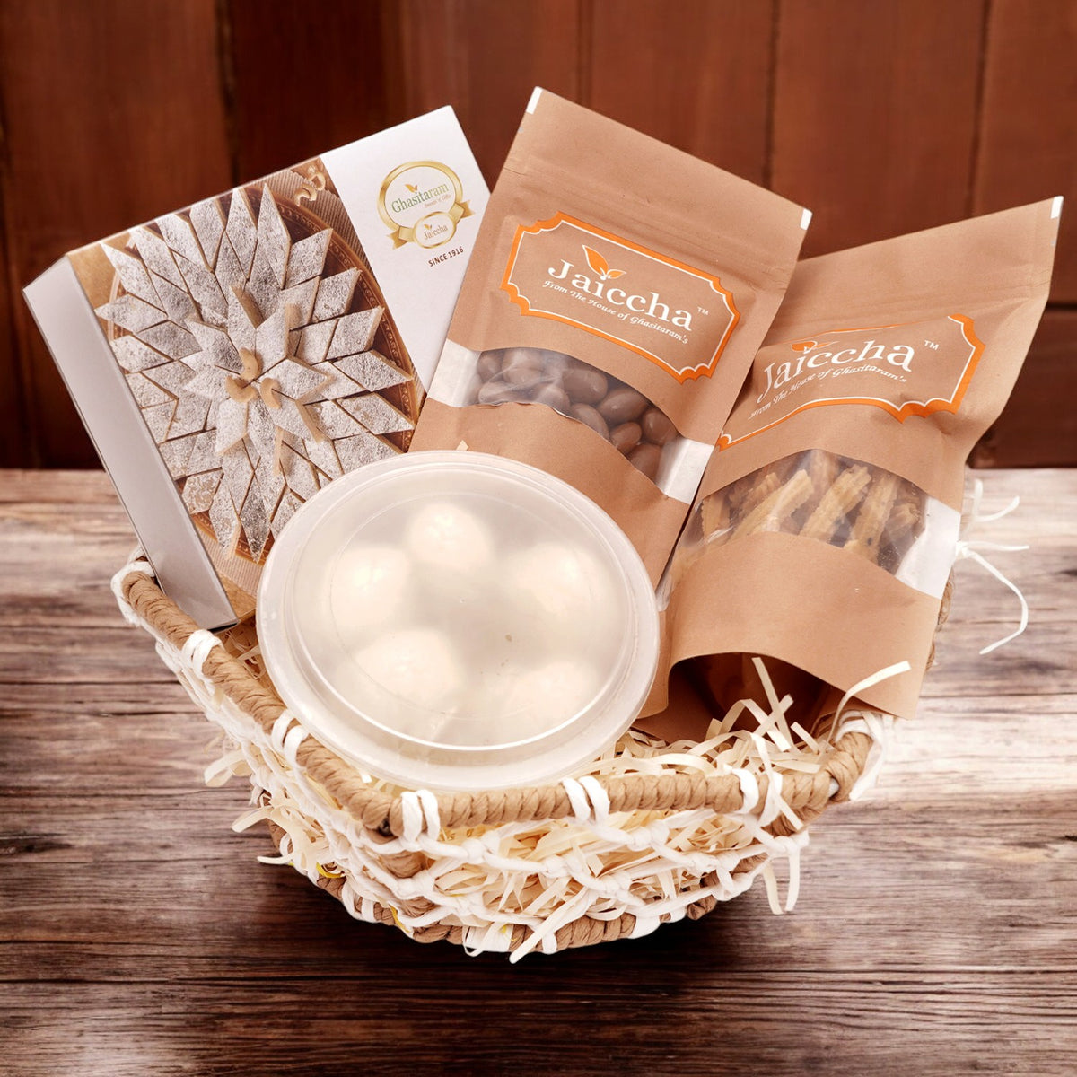 Corporate Gifts-Jute Hexagon Basket with rasgulla