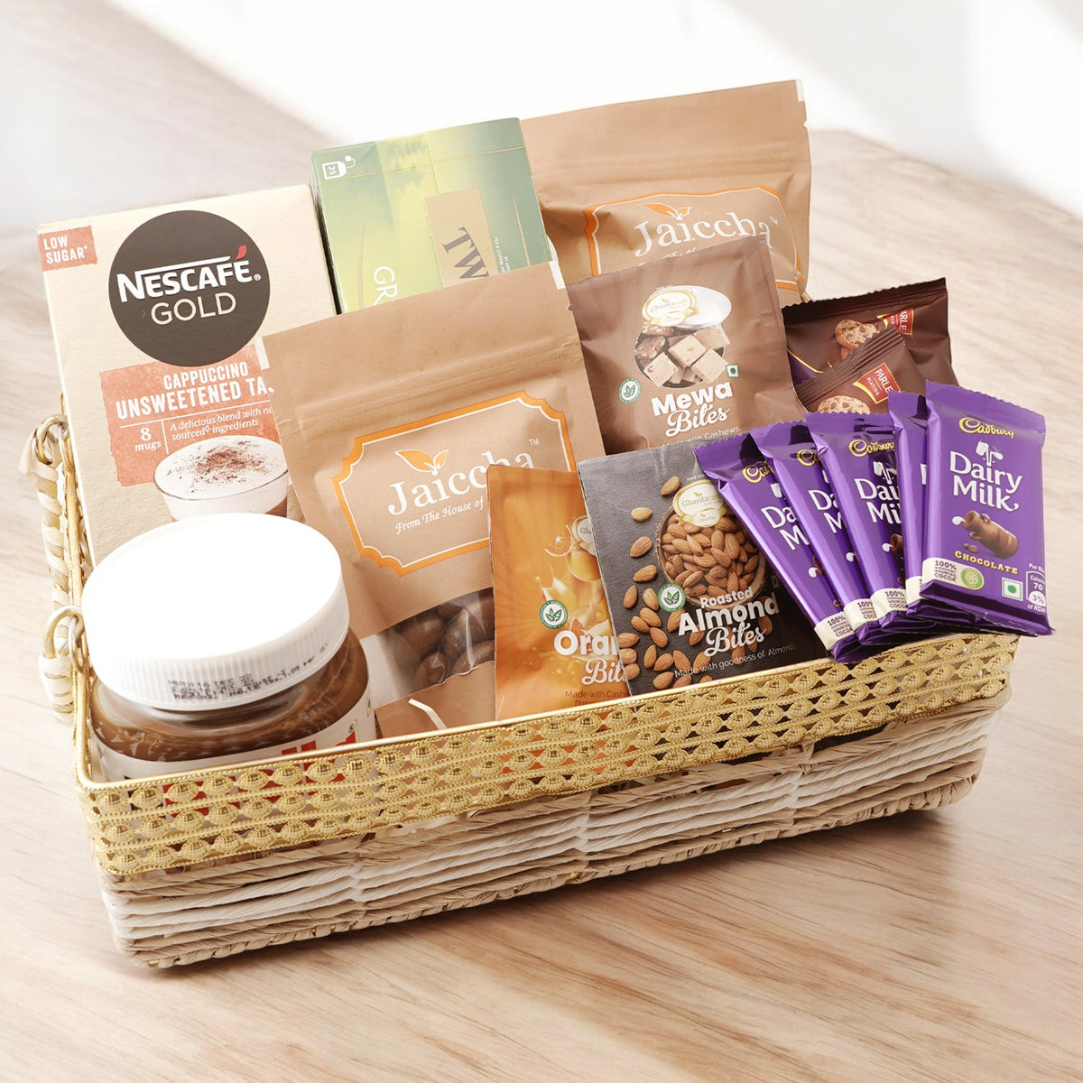 Diwali gift hampers-Diwali Gifts-Jute Metal Rectangle Basket with Kaju Katli and Milk Cake