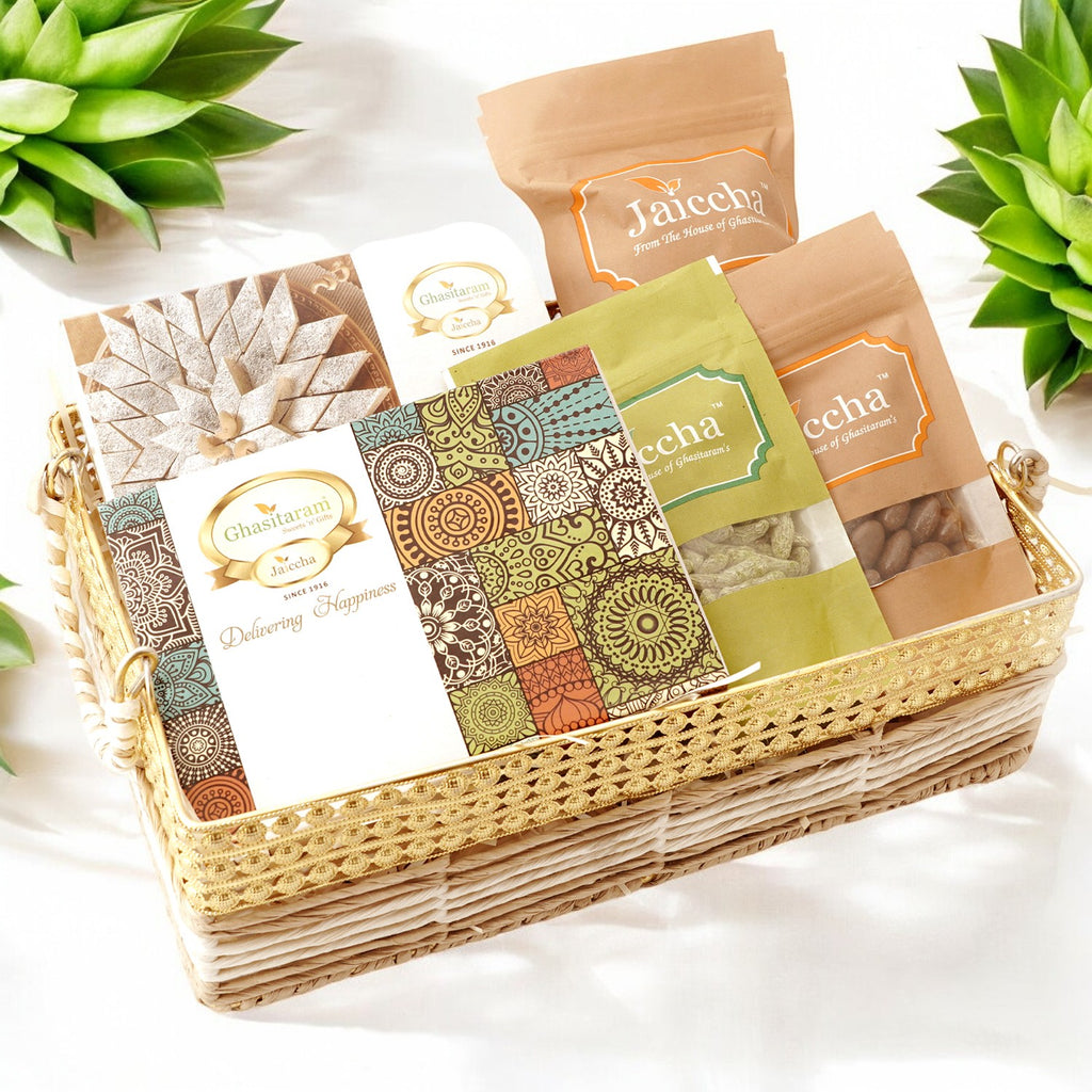 Corporate Gifts-Jute Metal Rectangle Basket with Kaju Katli and Milk Cake