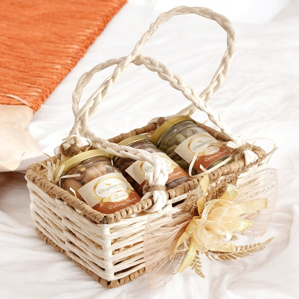 Diwali Gifts-Jute small basket with flower 3 jars