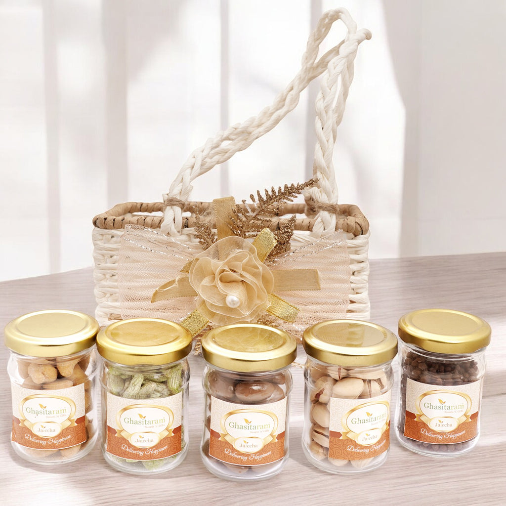 Diwali Gifts-Jute small basket with flower 5 Jars