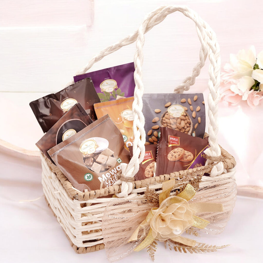 Diwali Gifts-Jute small basket with flower with Dryfruit Halwa and Bites