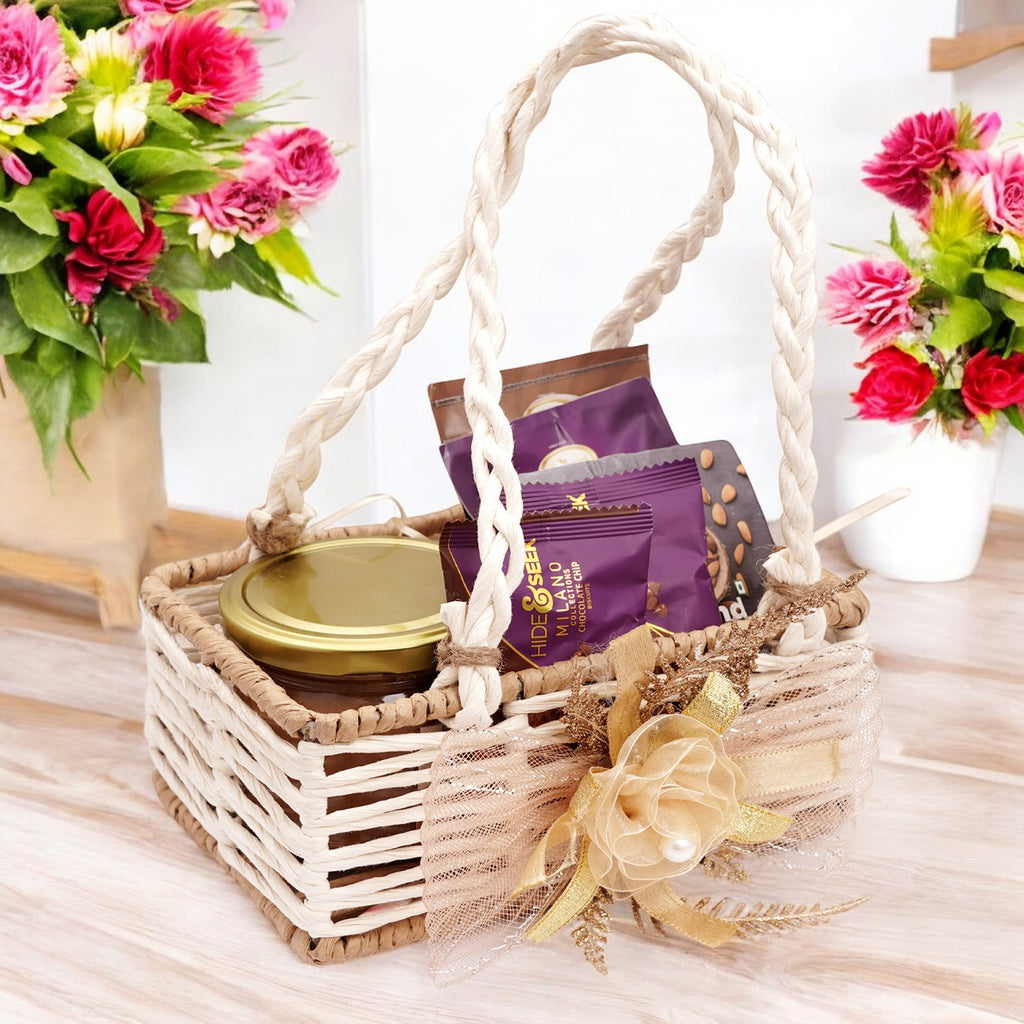 Jute small basket with flower with Dryfruit Halwa and Bites