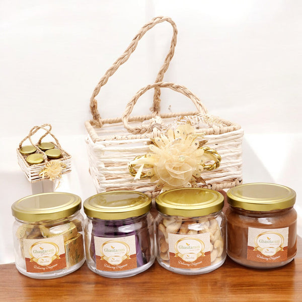 Diwali gift hampers-Diwali Gifts-Jute Square Basket with flower