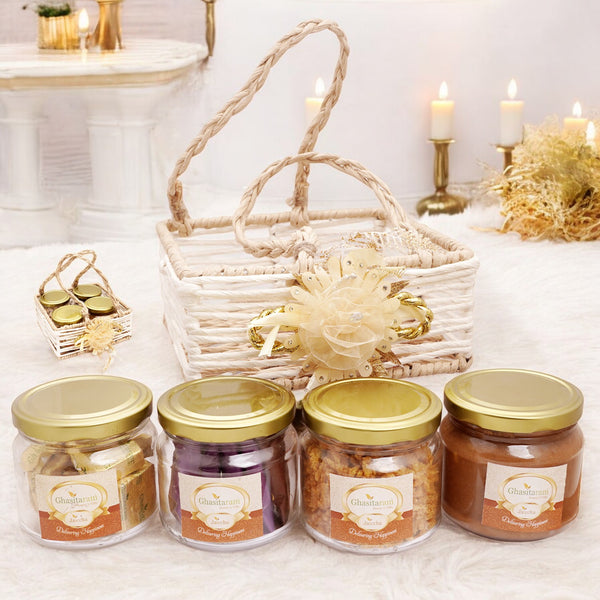Diwali gift hampers-Diwali Gifts-Jute Square Basket with flower