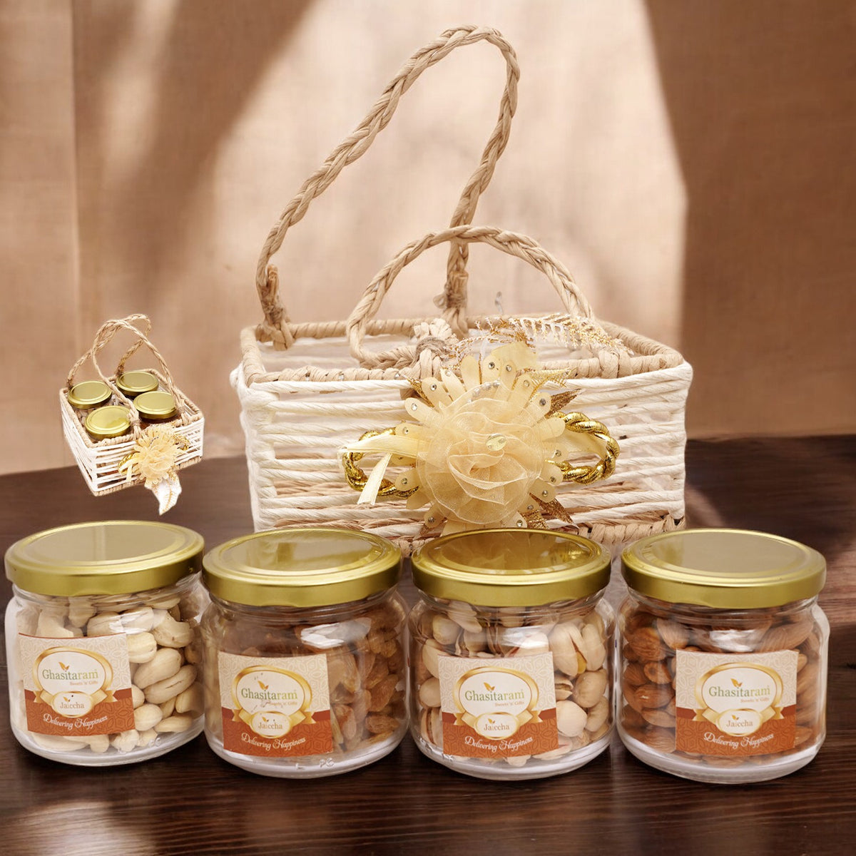 Diwali gift hampers-Diwali Gifts-Jute Square Basket with flower