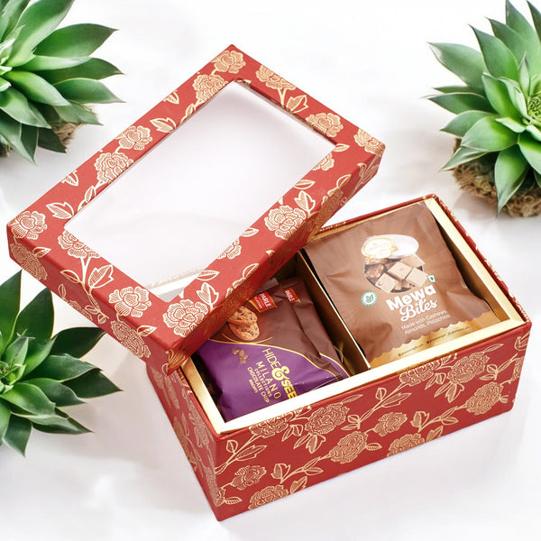 Diwali Gifts-Red printed 2 Part Fancy Box with bites and cookies