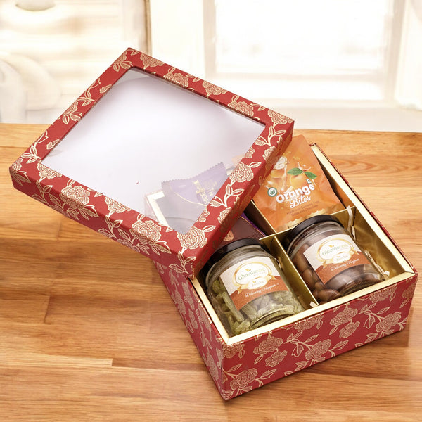 Diwali gift hampers-Diwali Gifts-Red Printed 4 Part Fancy Box