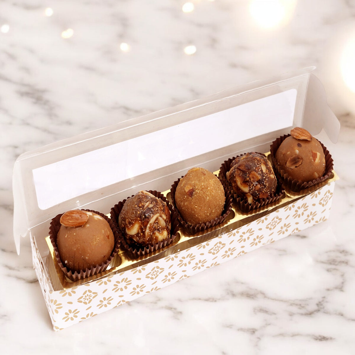 Corporate Gifts-White printed 5 bites box with laddoos