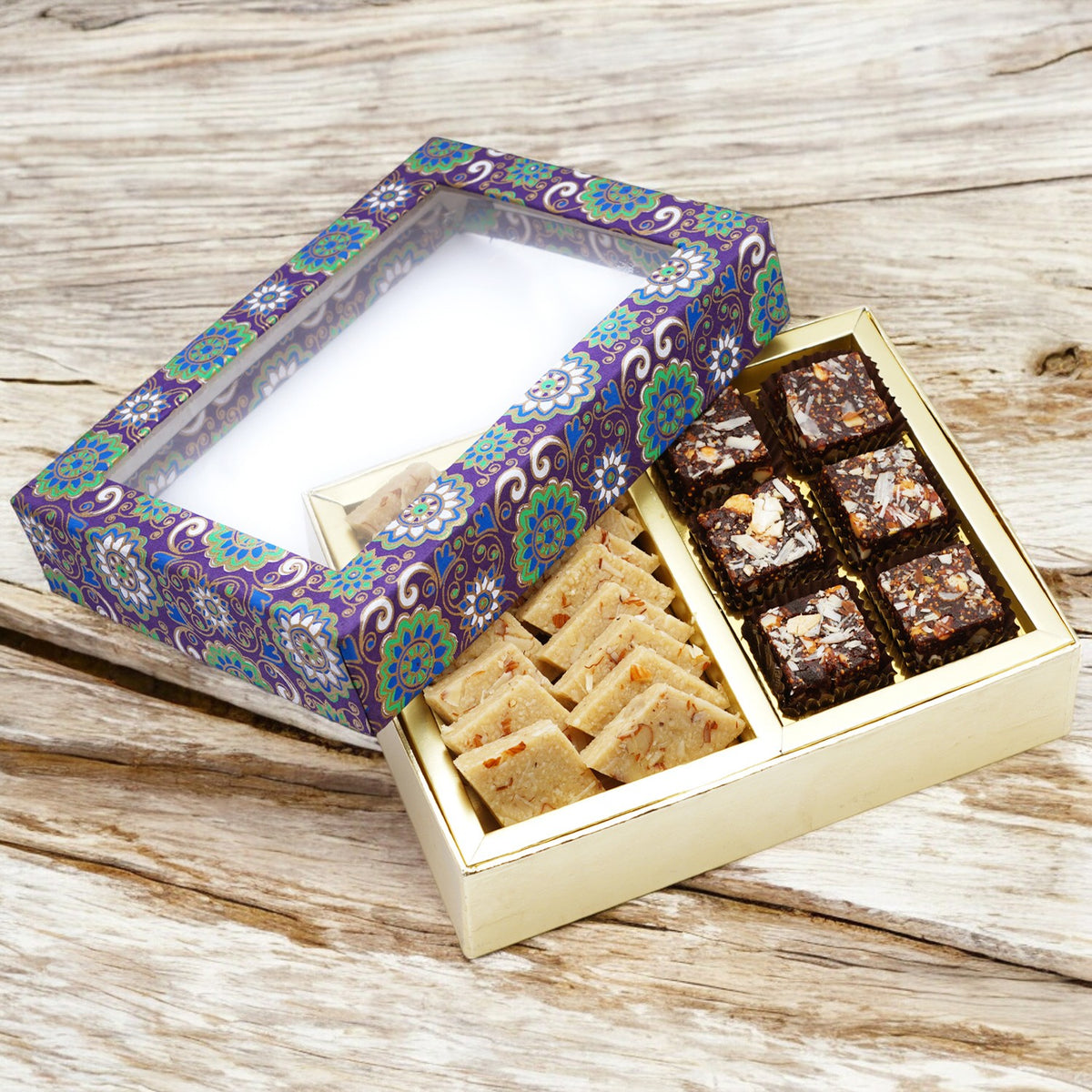Diwali Gifts-2 Part Printed Box of Sugarfree Bites and Sugarfree Kaju Katli