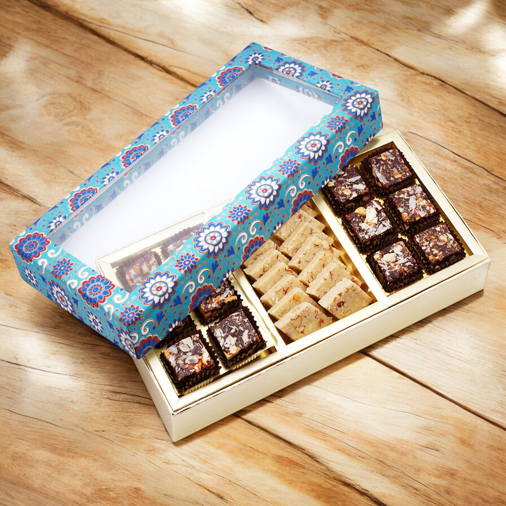 Corporate Gifts-3 Part Printed Box of Sugarfree Anjeer Bites and Sugarfree Kaju Katli