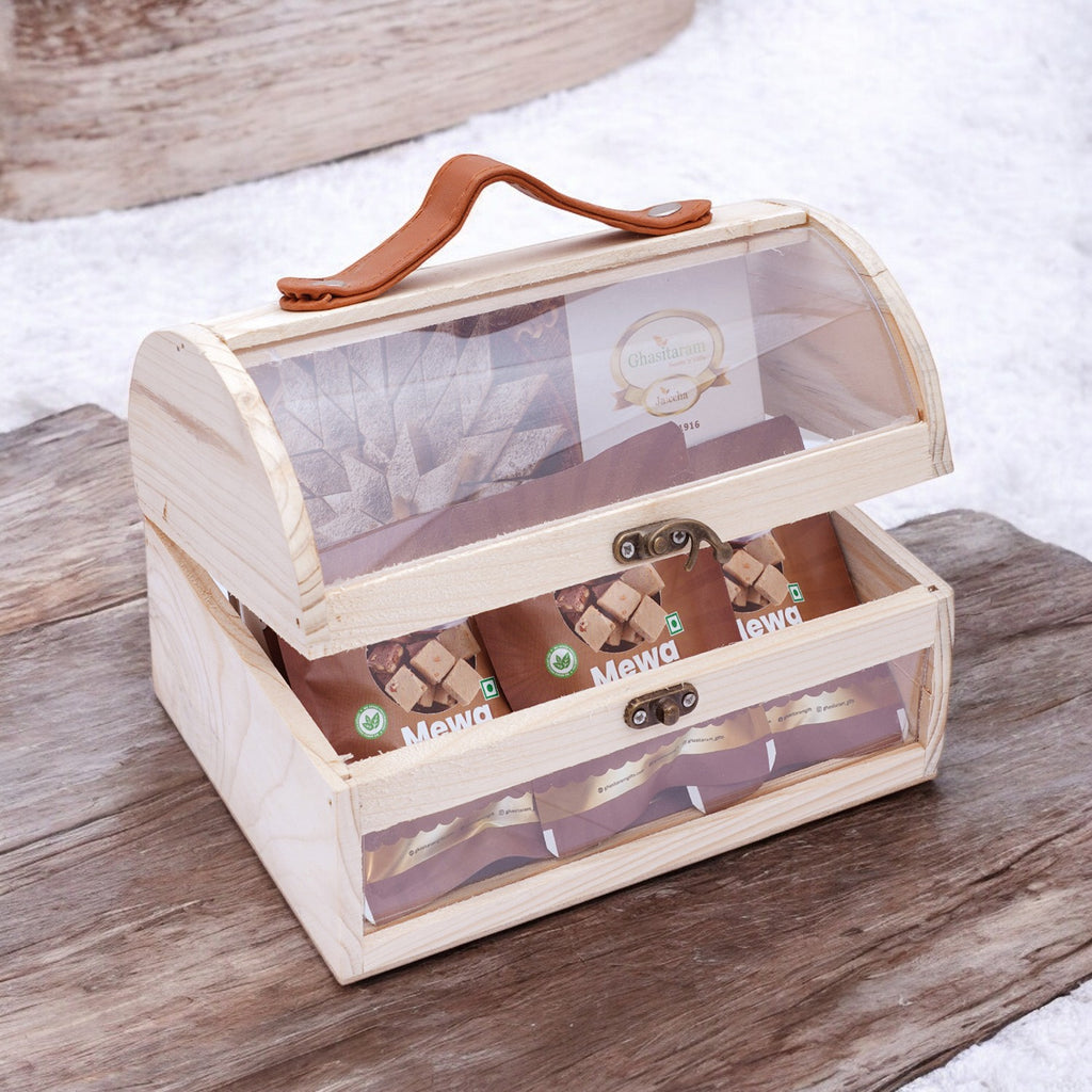 Corporate Gifts-Acrylic Trunk Box with Kaju Katli and 5 Mewa Bites