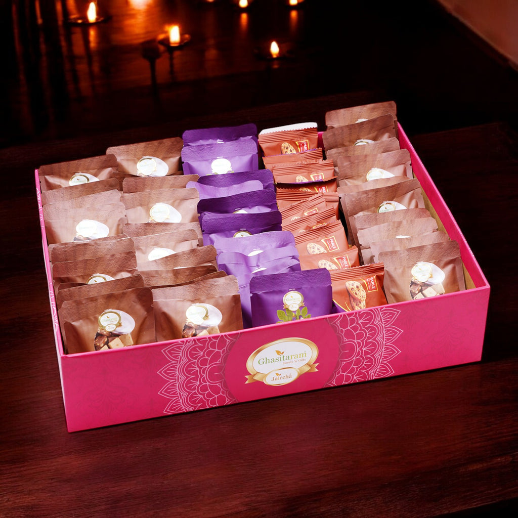 Corporate Gifts-Ghasitaram Big Hamper Tray of 50 Mewa Bites, Sugarfree Anjeer Bites and Cookies