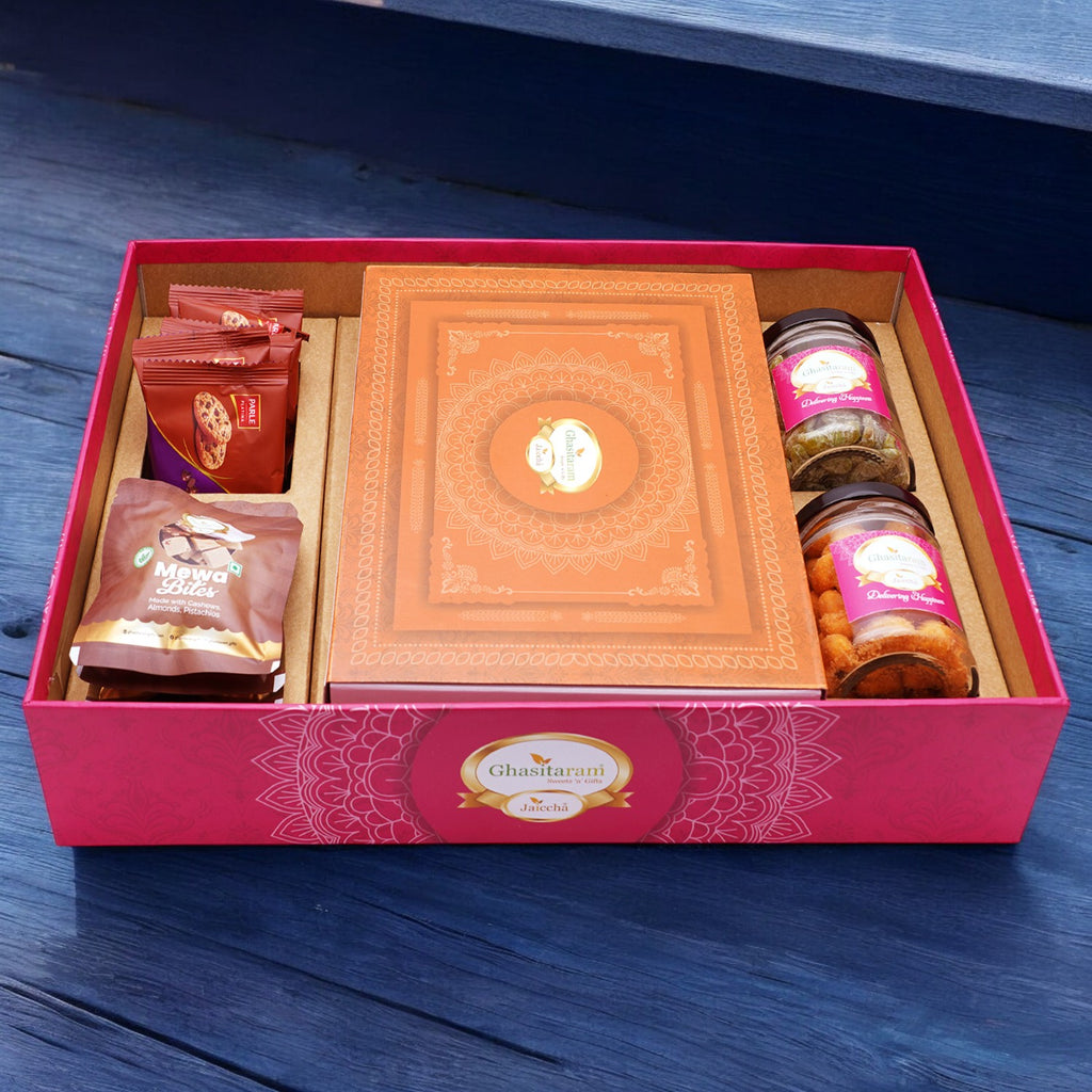 Diwali Gifts-Ghasitaram Big Hamper Tray with Exotic Sweets, Crunchy Cashew, Paan Raisins, Mewa Bites and Cookies