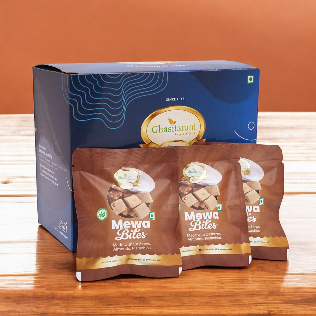 Corporate Gifts-Blue box small with Mewa Bites, and Sugarfree Bites Pouches (15 pcs)