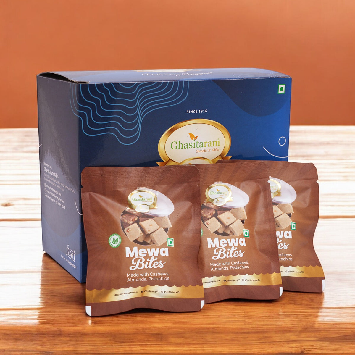 Diwali Gifts-Blue box small with Mewa Bites, and Sugarfree Bites Pouches (15 pcs)